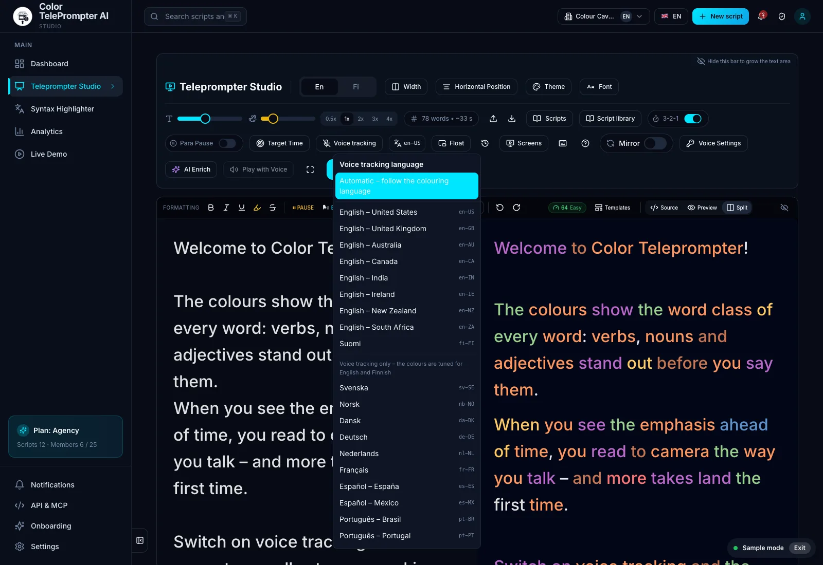 Choose the voice tracking language and accent from the prompter bar. Demo workspace with sample data.