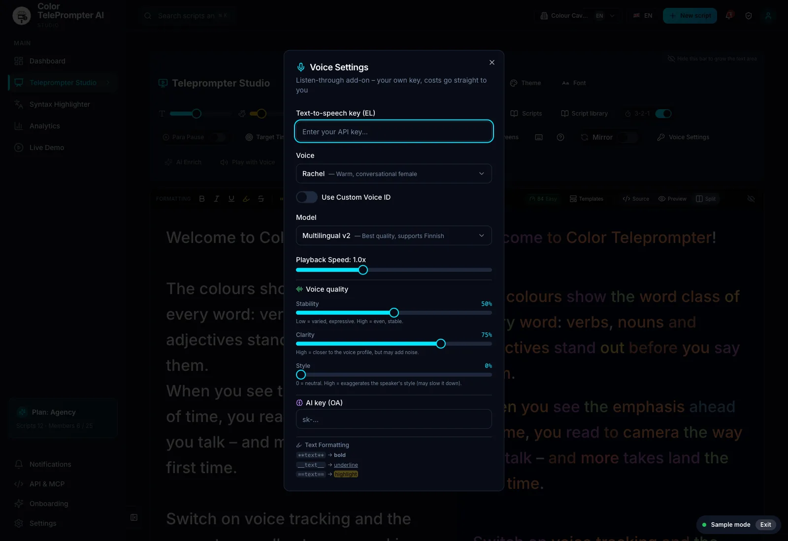 Listen-through settings in the prompter. Demo workspace with sample data.