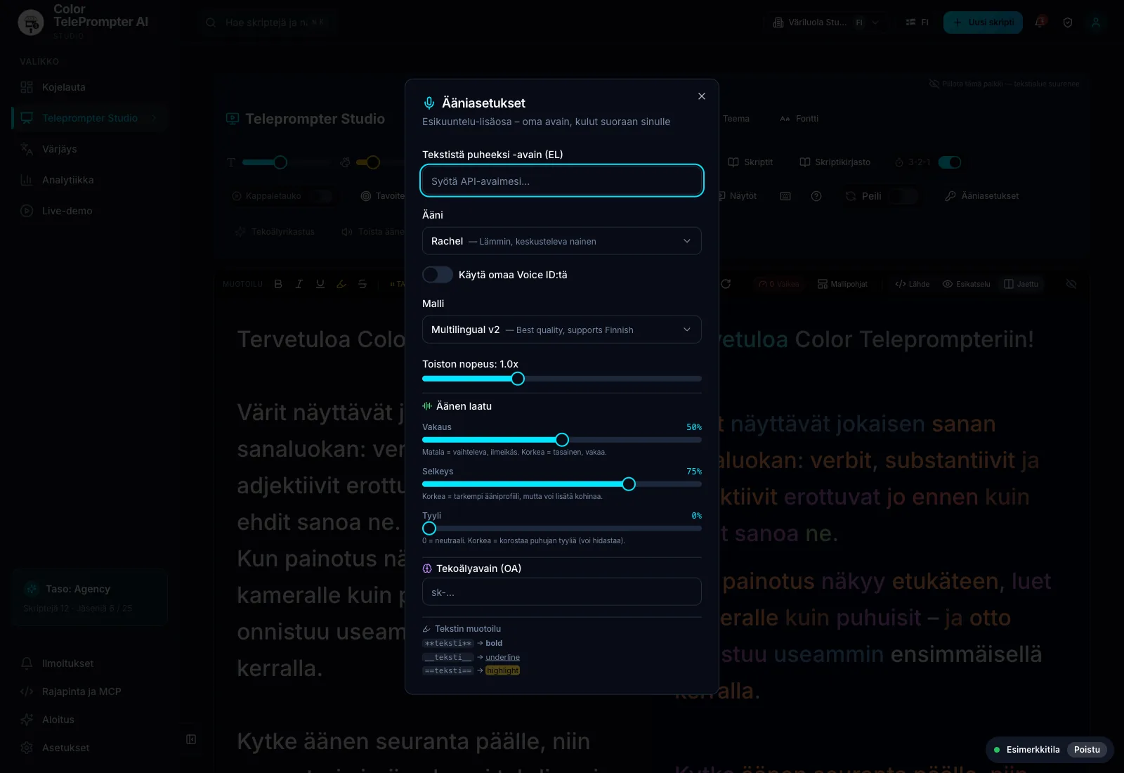 Esikuuntelun asetukset prompterissa. Demotyötila esimerkkidatalla.
