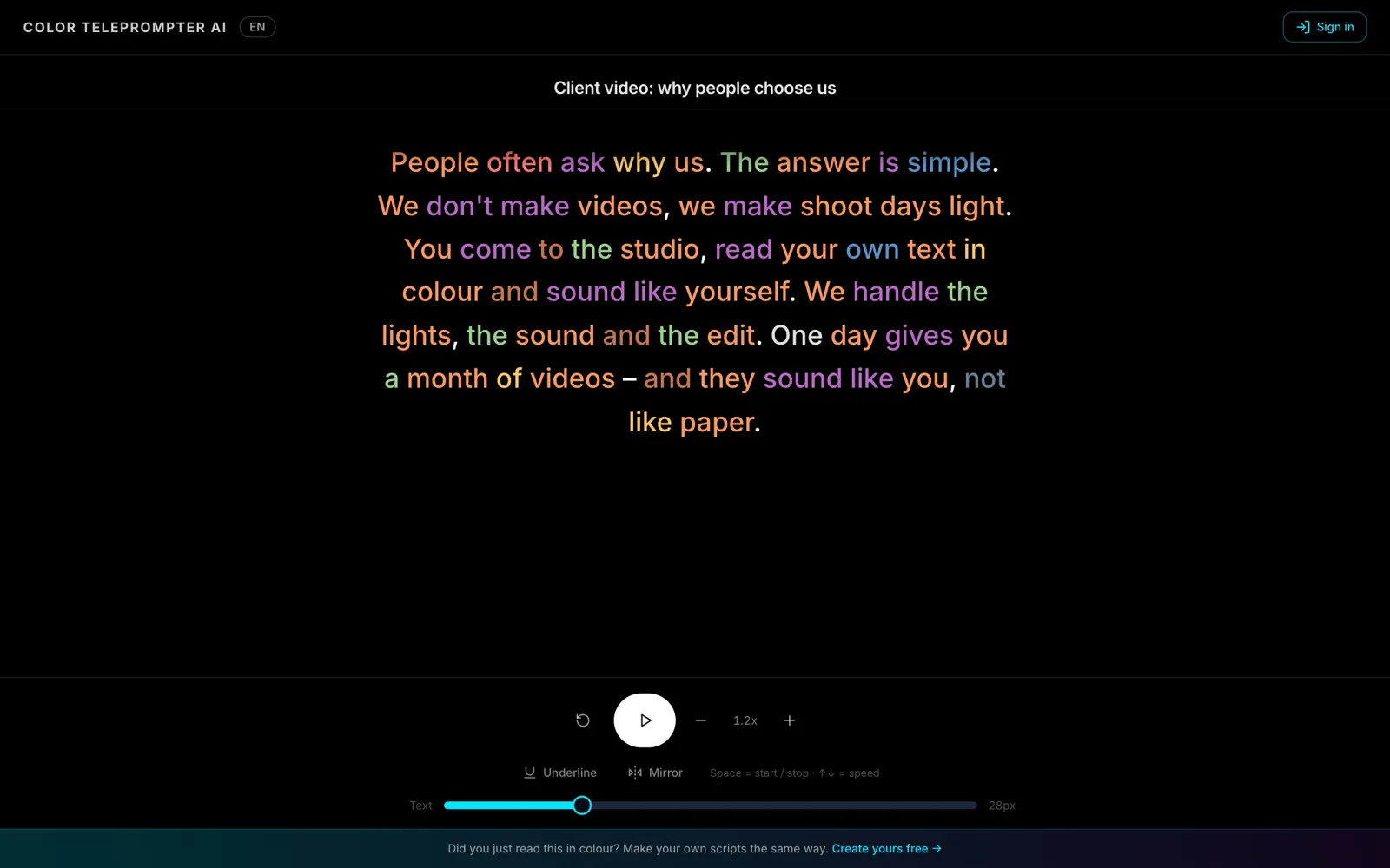 The speaker's link: the script in colour, pace and speed in the speaker's hands.