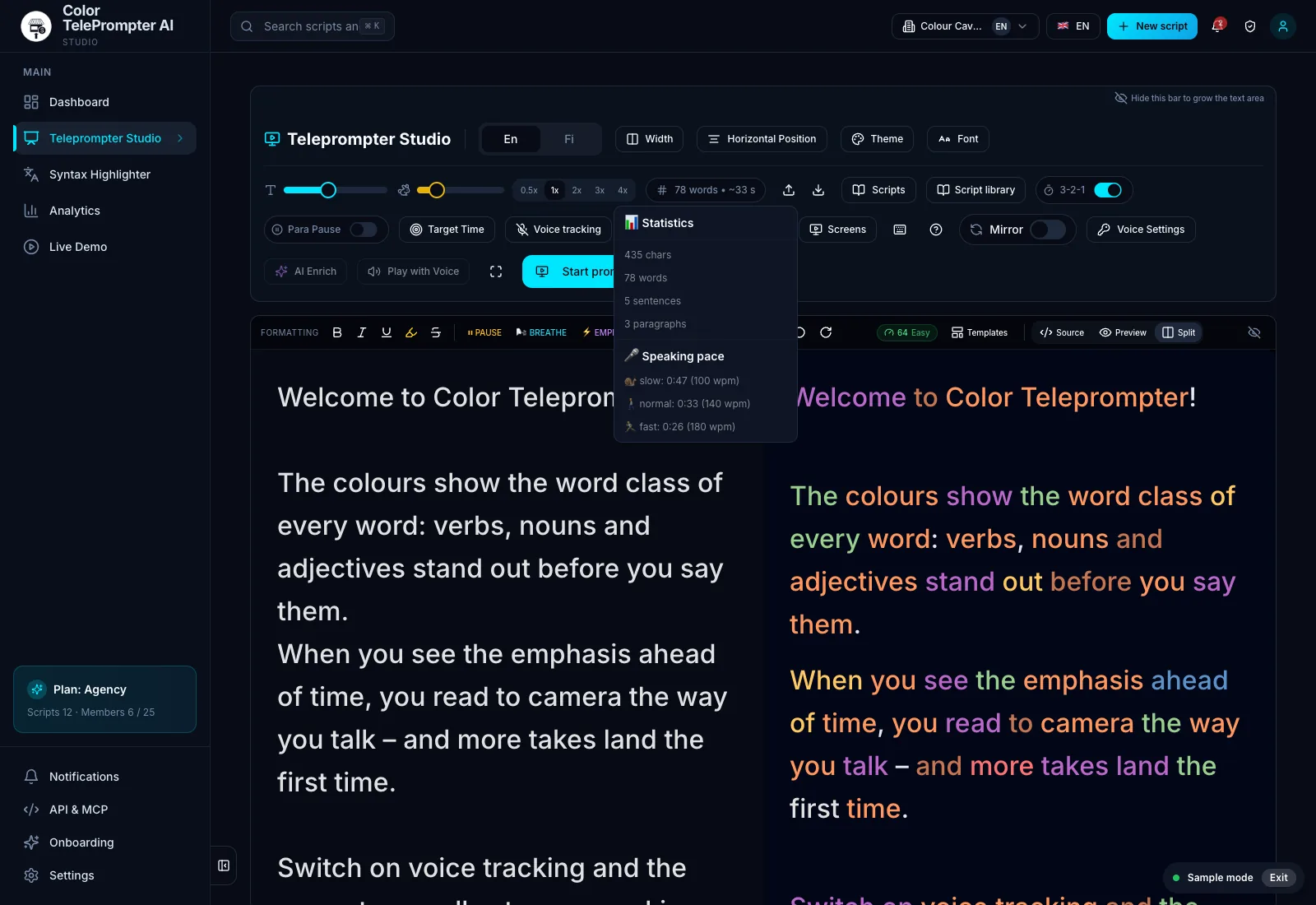Statistics: words, sentences and duration at each speaking pace. Demo workspace with sample data.