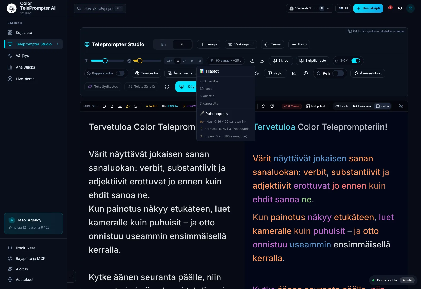 Tilastot: sanat, lauseet ja kesto puhenopeuden mukaan. Demotyötila esimerkkidatalla.