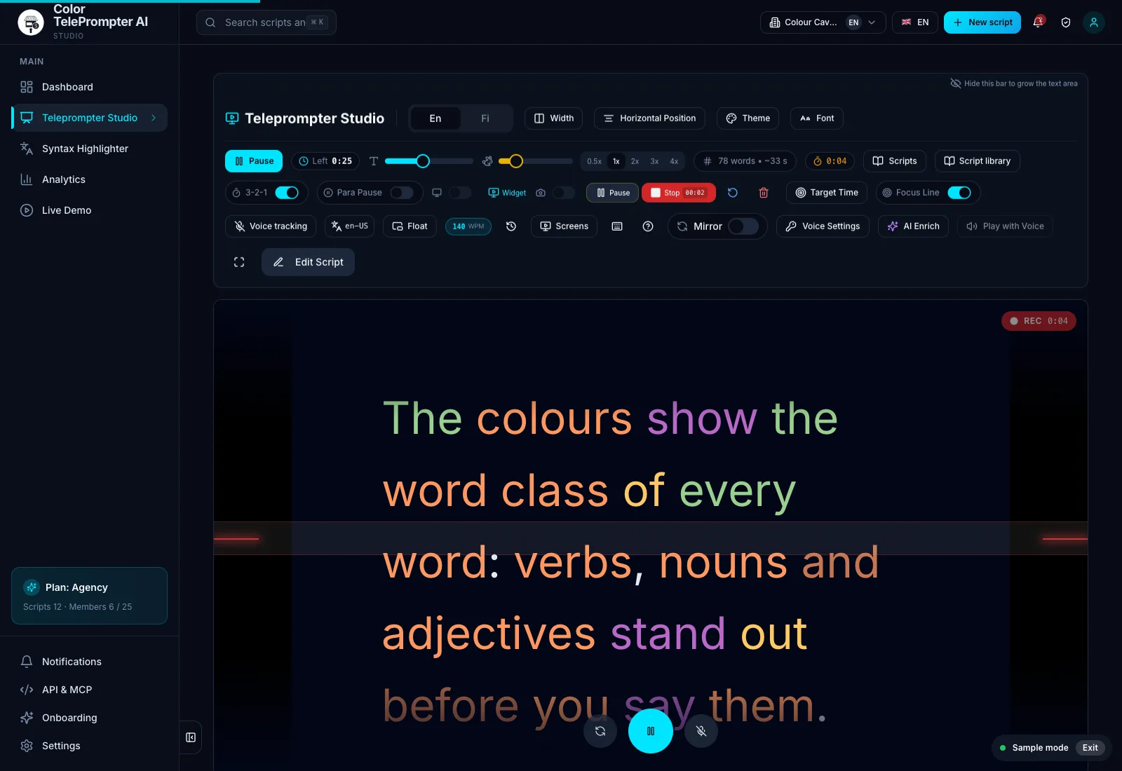 Recording in the prompter: audio, camera or screen. Demo workspace with sample data.