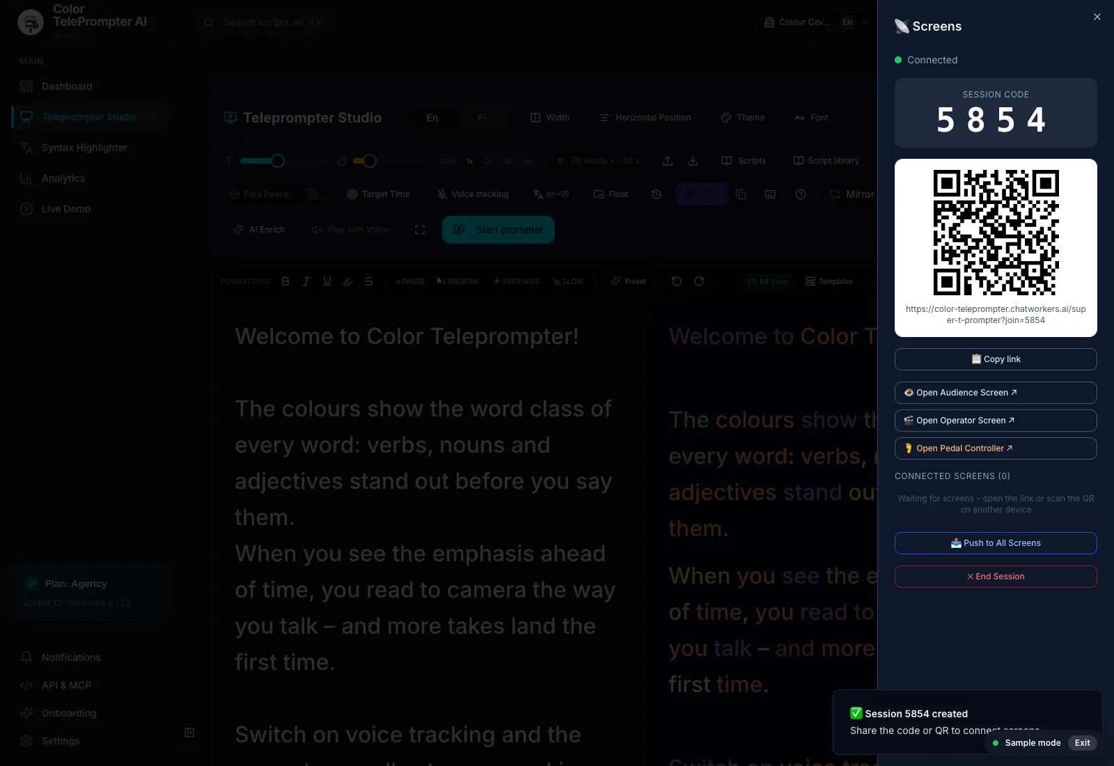 Screens and remote: join a session with a code or a link. Demo workspace with sample data.