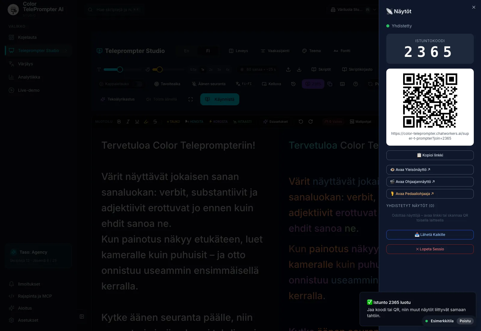 Näytöt ja etäohjaus: liity istuntoon koodilla tai linkillä. Demotyötila esimerkkidatalla.