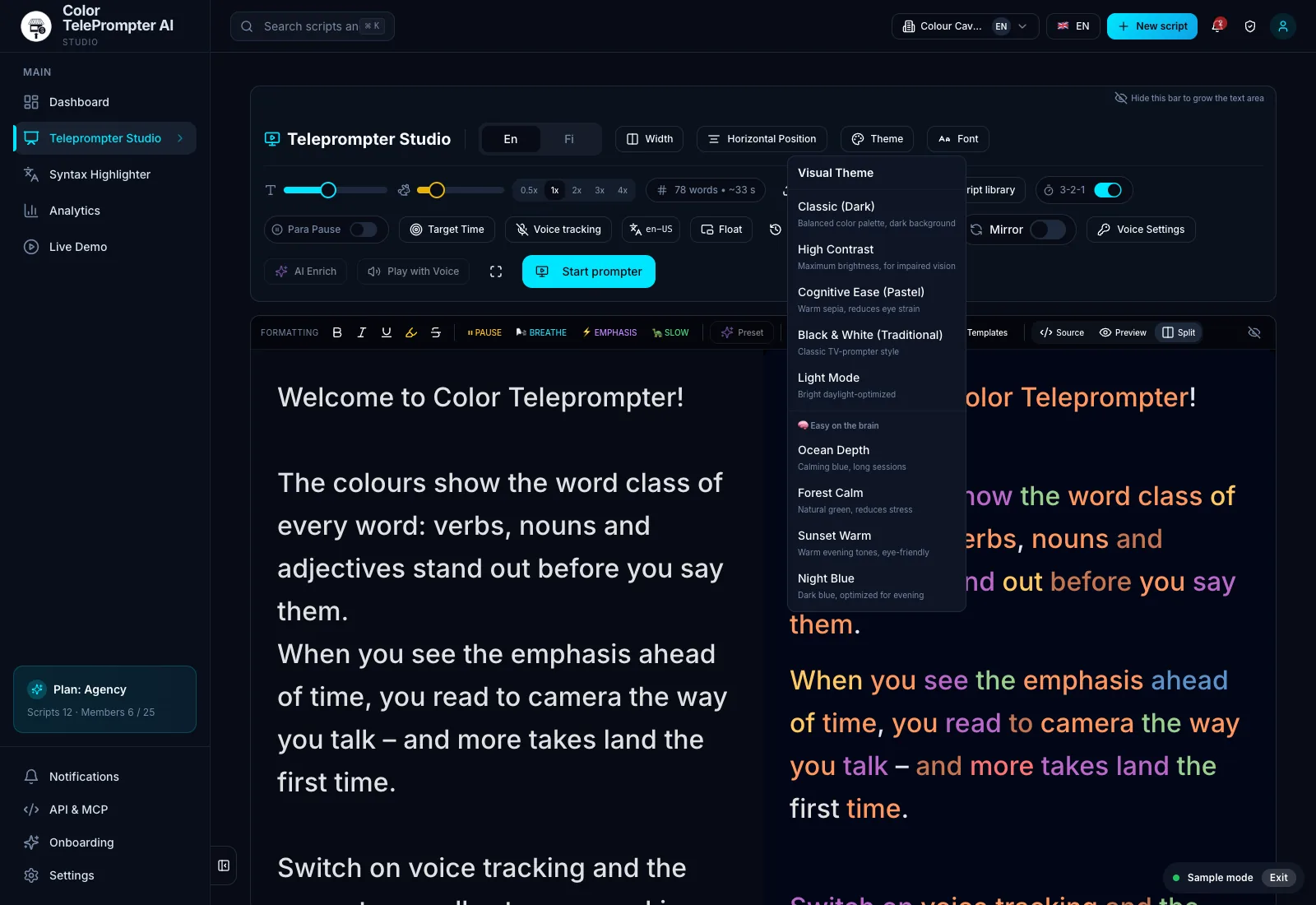 Look settings: text width, position, font and reading line. Demo workspace with sample data.