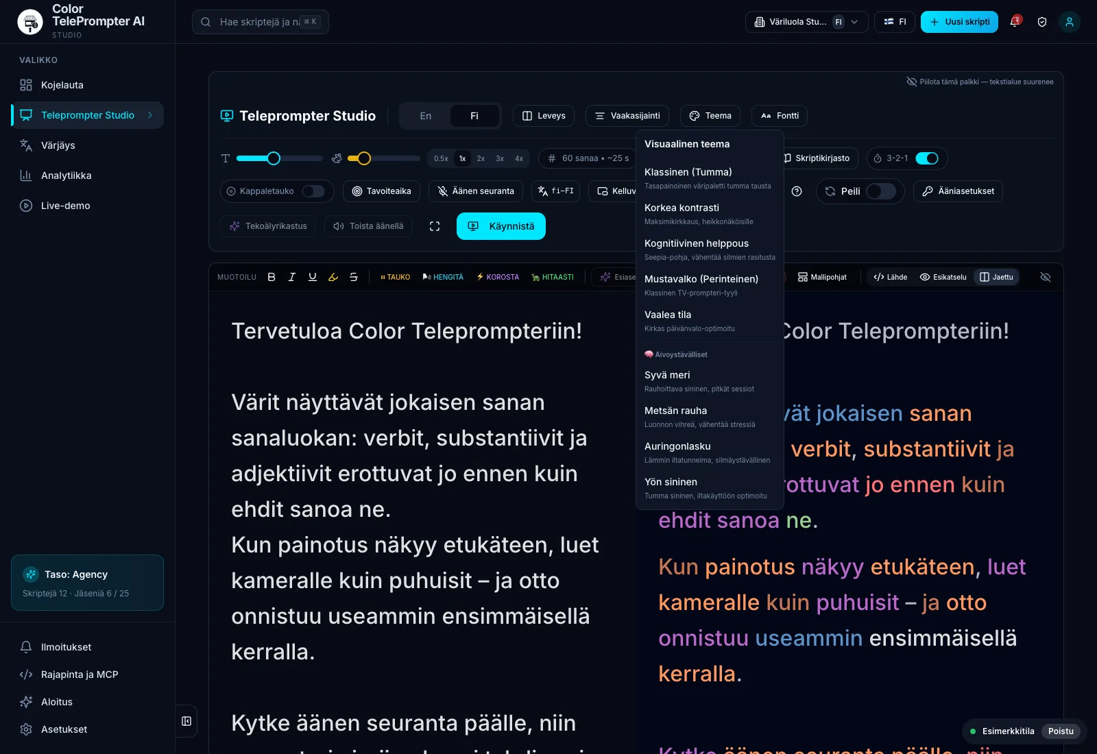 Ulkoasu: tekstin leveys, sijainti, kirjasin ja lukuviiva. Demotyötila esimerkkidatalla.