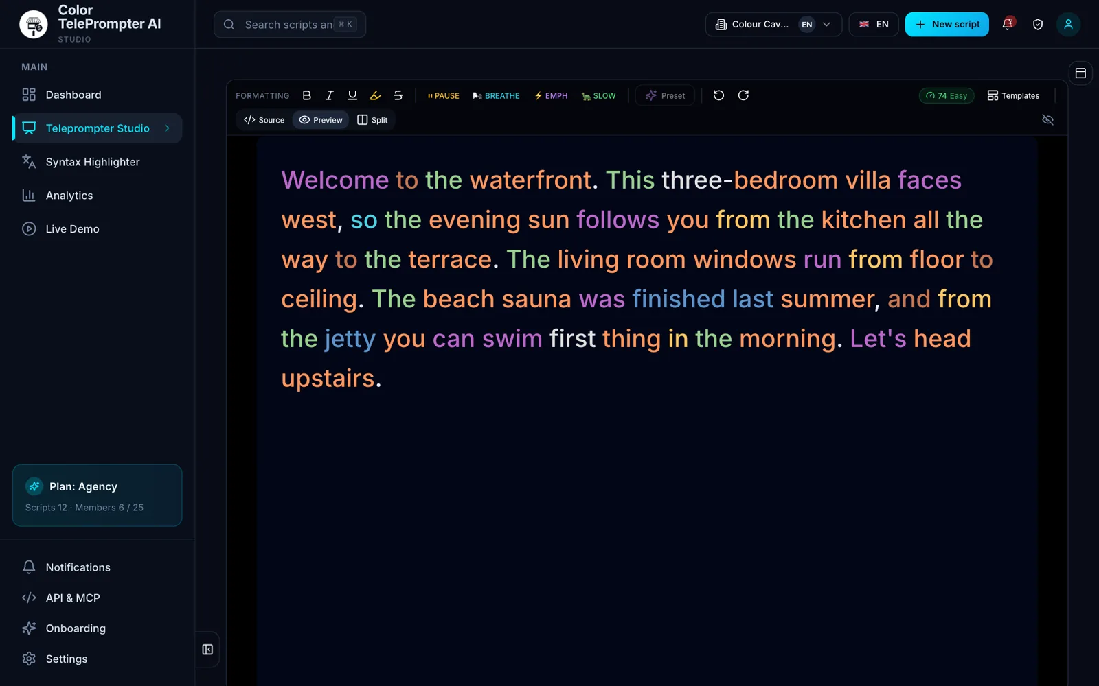 Teleprompter Studio: coloured preview, formatting and pauses.