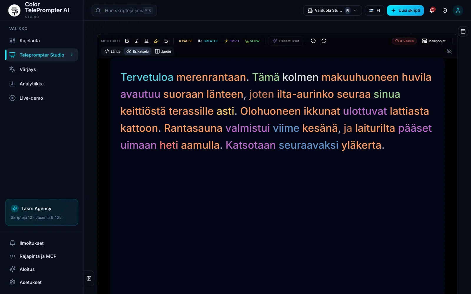 Teleprompter Studio: värjätty esikatselu, muotoilut ja tauot.