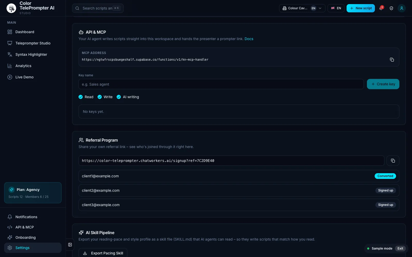 Settings → API & MCP: the key, its scopes and a ready MCP config. Demo workspace with sample data.