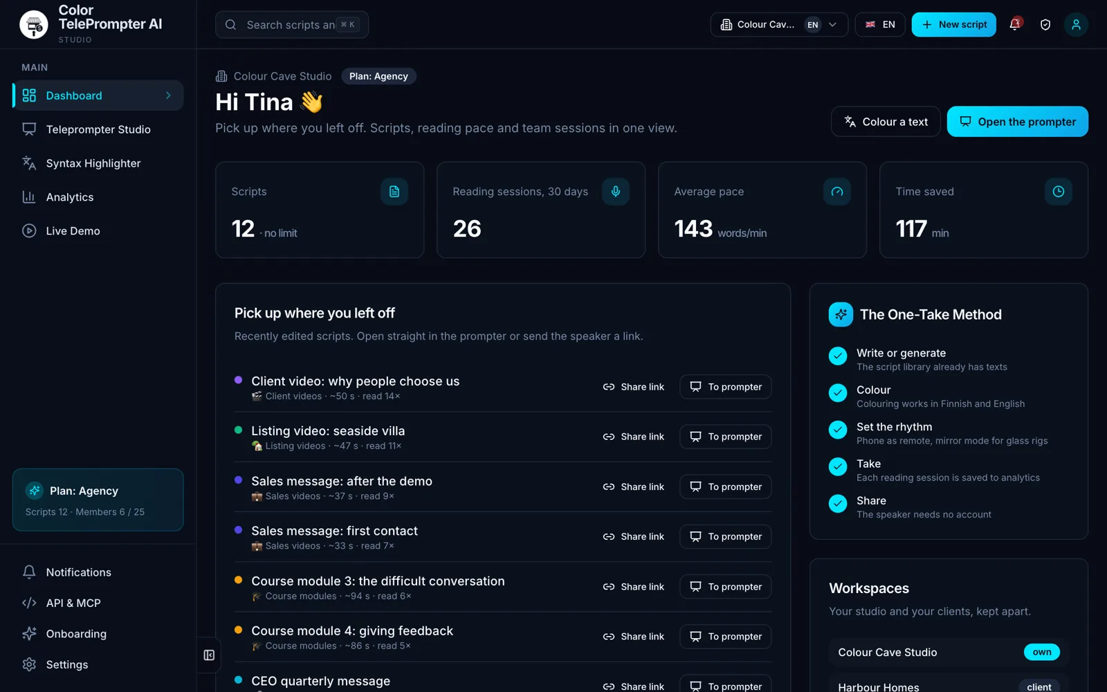 Dashboard: scripts, reading sessions, average pace and time saved.