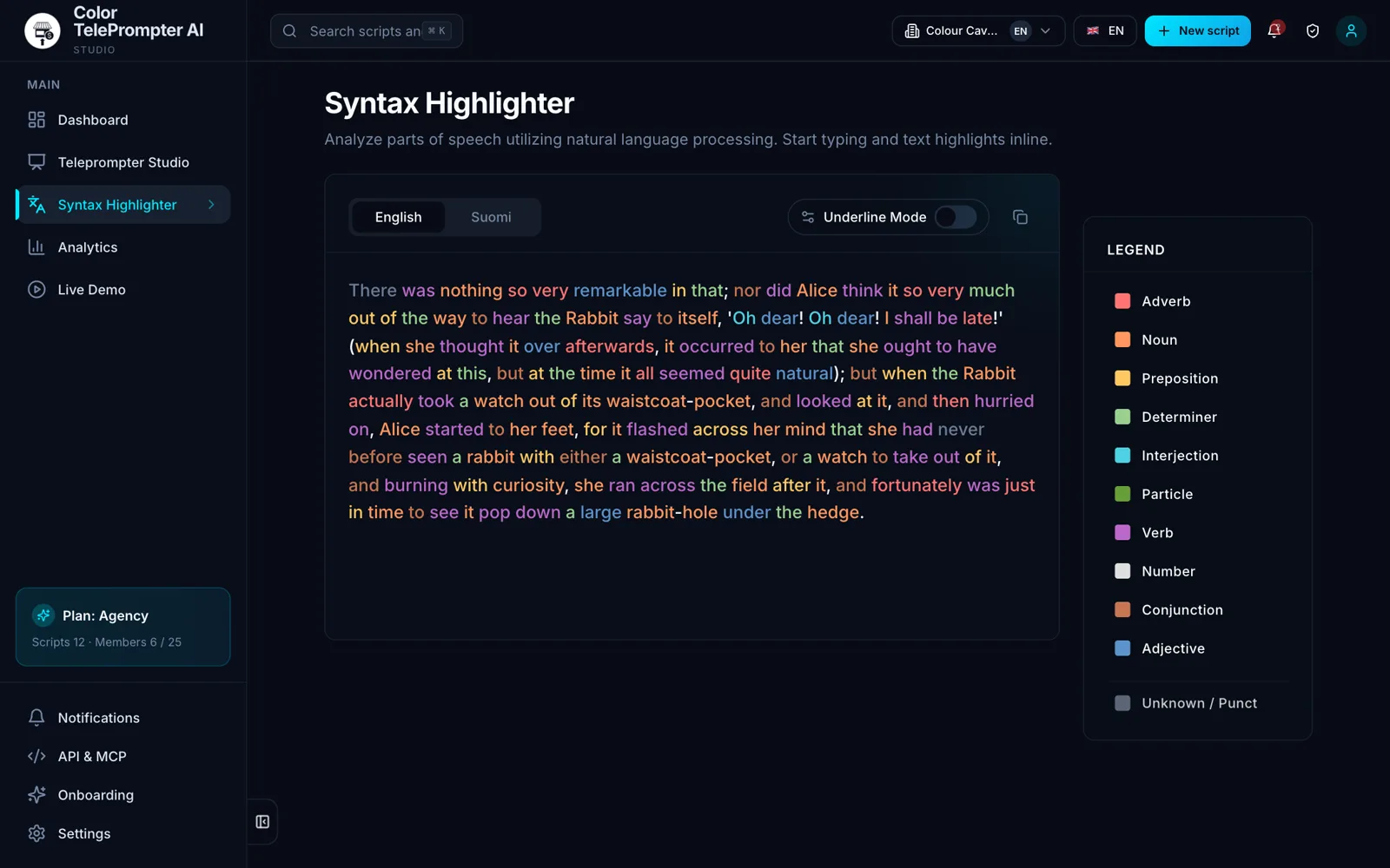 The word-class highlighter: each class in its own colour, with the legend on the right.