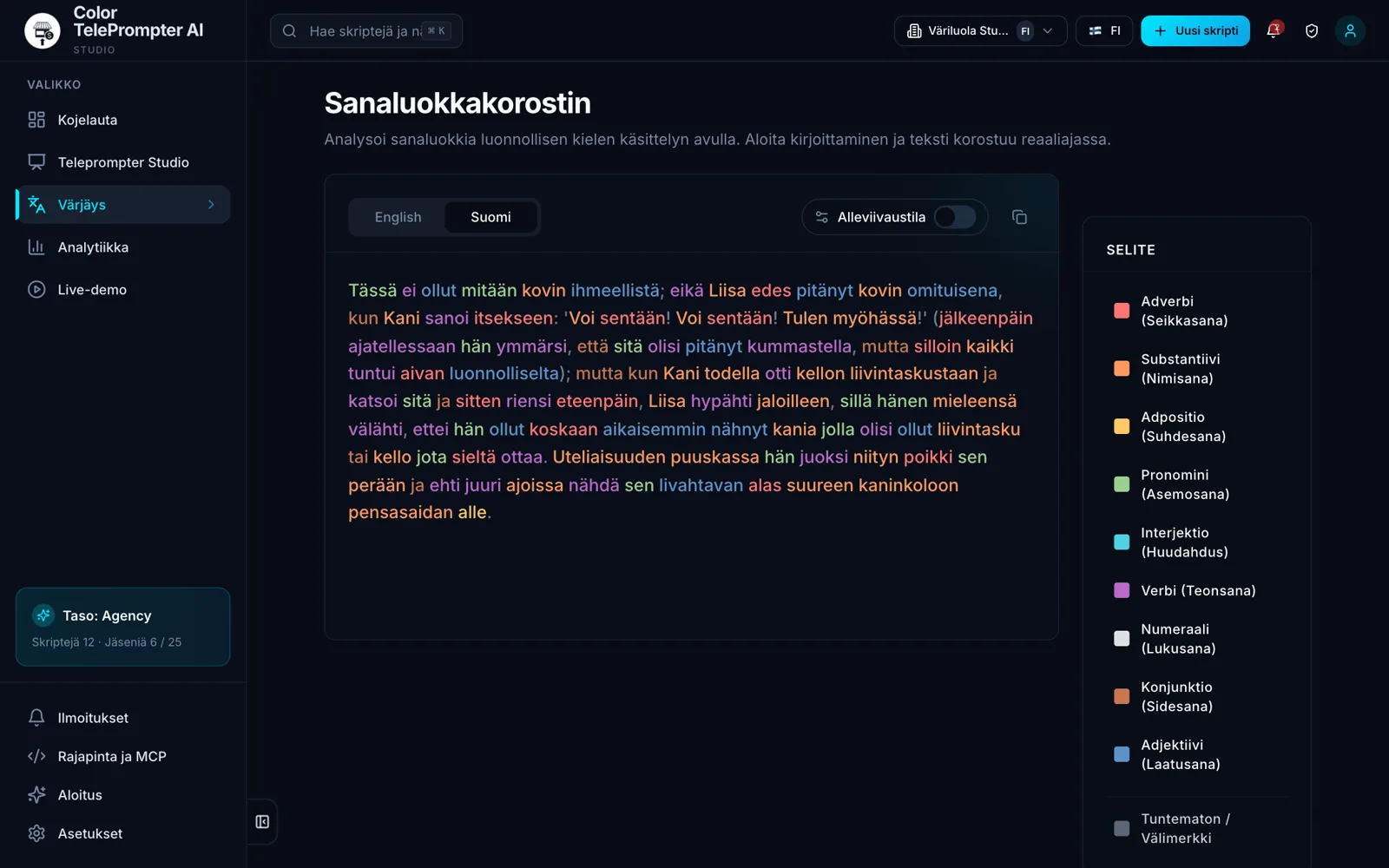 Sanaluokkakorostin: jokainen sanaluokka omalla värillään.